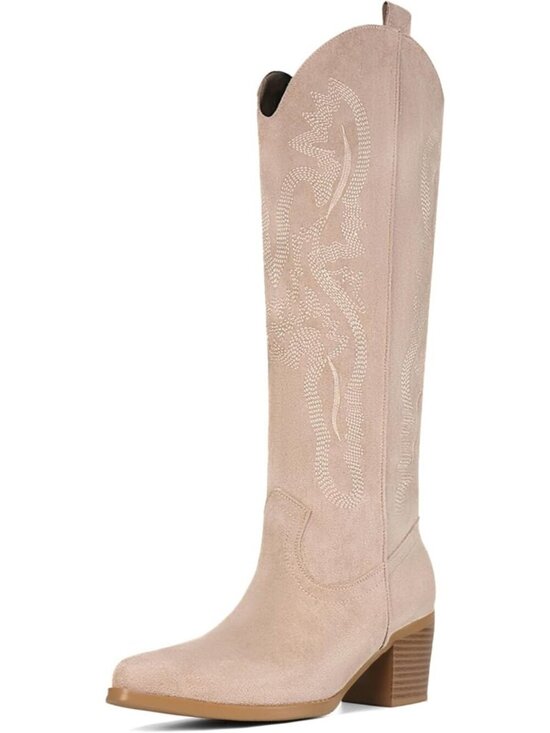Shoes - Women's Pointed Toe Chunky Heel Beige Embroidered Western Knee High Cowgirl Boot